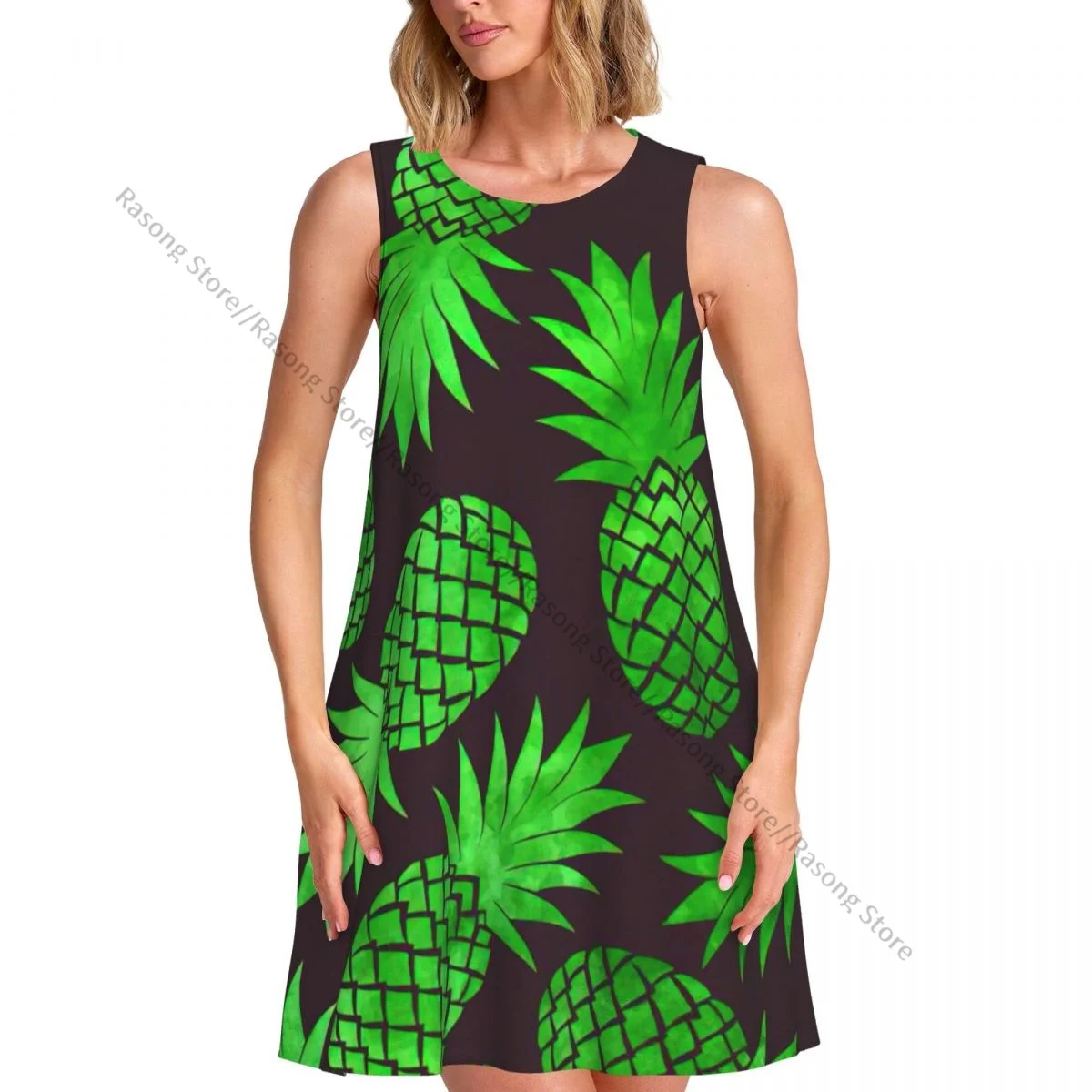 ชุดเดรสสตรีฤดูร้อนชุดลําลองเสื้อยืดชายหาดปกคลุมชุดถังสับปะรดสีเขียว