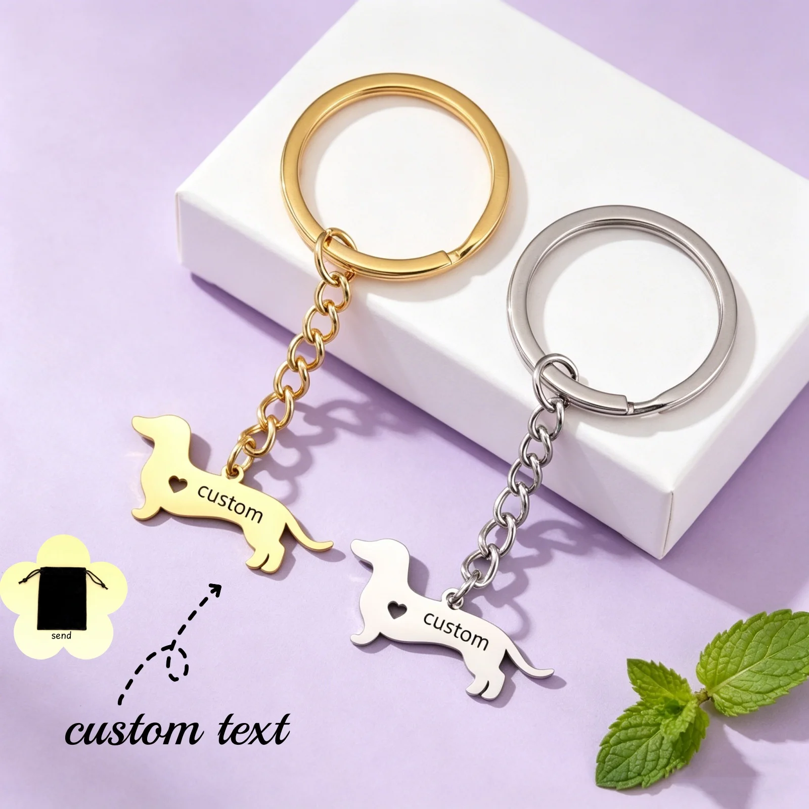Customized Pet Name Text Love Wolf Dog Keychain Stainless Steel Hollow Out Love Sausage Dog Keyring Car Key Decoration Gift