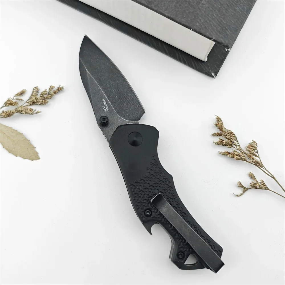 KS 8337 Craze Tactical Pocket Folding Knife BlackWash 8Cr13Mov Tanto Blade Nylon Fiber Handle with Bottle Opener Edc Tool