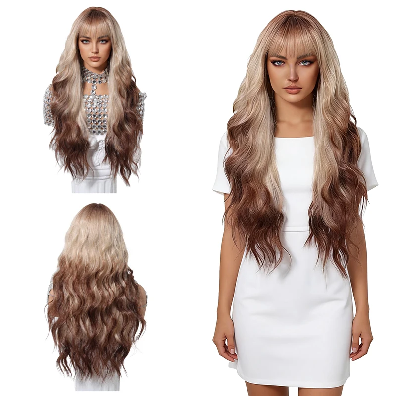 Ombre Blonde Brown Long Wavy Wig With Bangs For Women Heat Resistant Synthetic Hair For Daily Cosplay Party Full Head Wig