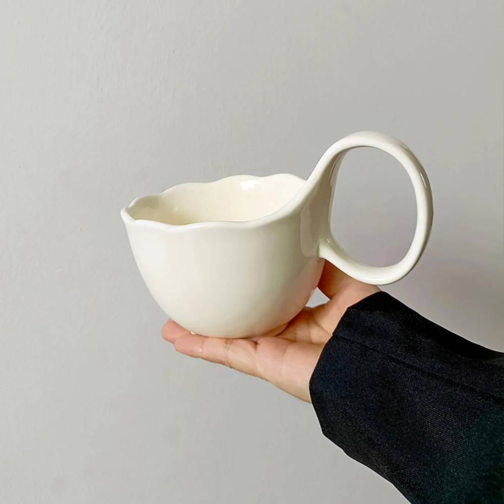 500ML Minimalist White Ceramic Mugs Scalloped Edge Large Loop Handle Cups Home Kitchen Dining Tableware Afternoon Tea Coffee Mug