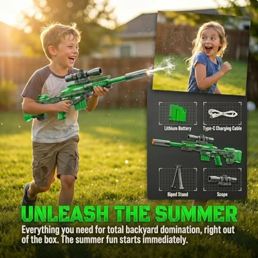Summer outdoor water toy for boys and girls: green electric sniper water gun with manual/automatic dual mode, flashing lights,