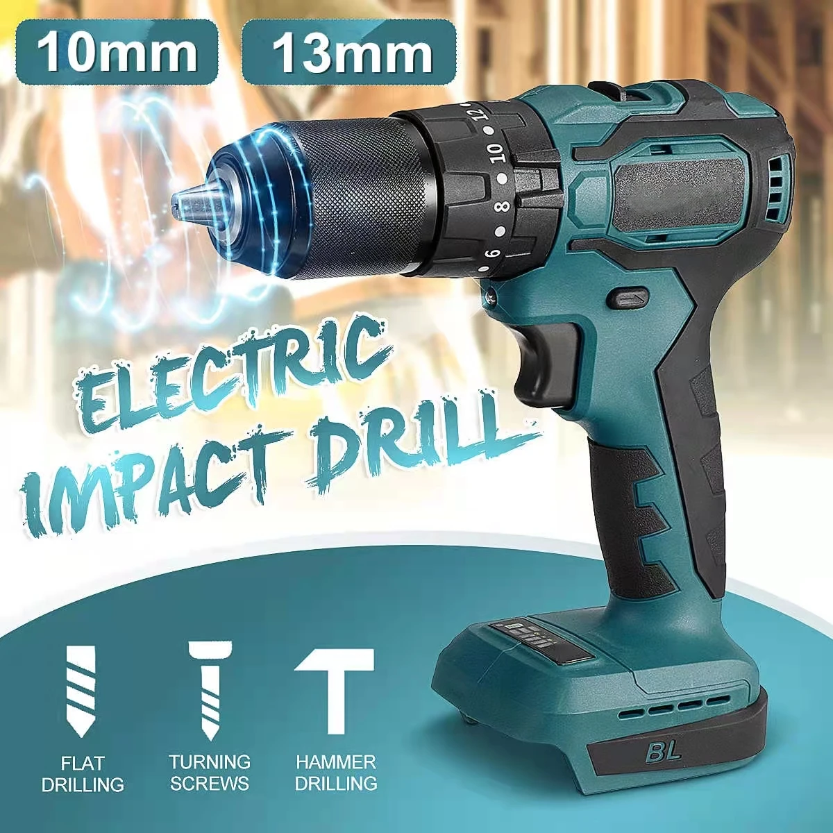 Furadeira de impacto elétrica sem fio, Chave de fenda elétrica sem escova, 2 engrenagens, 10mm, 20 + 3 Torque, Makita 18V Battery, 3 em 1