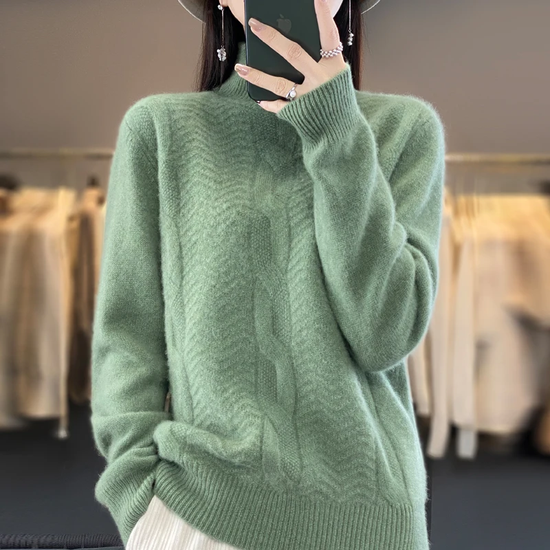 100% Merino wool cashmere sweater for women, semi-high-necked long-sleeved pullover, autumn and winter pullover, thick top.