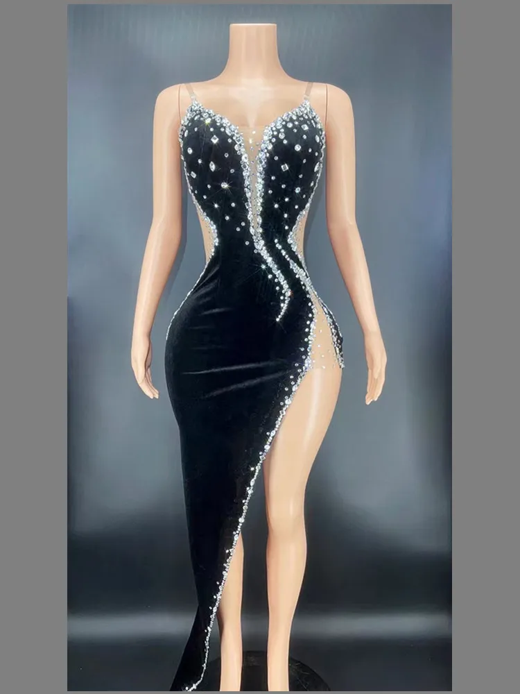 Sexy Mesh Transparent Black Velvet Rhinestones High Split Long Dress Women Birthday Celebrate Evening Dress Singer Stage Wear