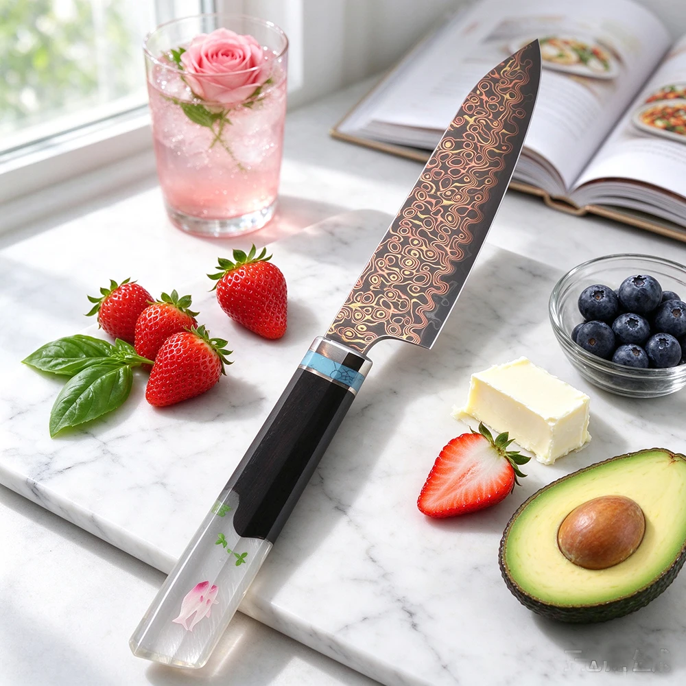 Hand Forged Tricolor Copper Damascus Utility Knife Ebony Resin Handle Sharp Japanese Kitchen Multi-purpose Cooking Knife Gift