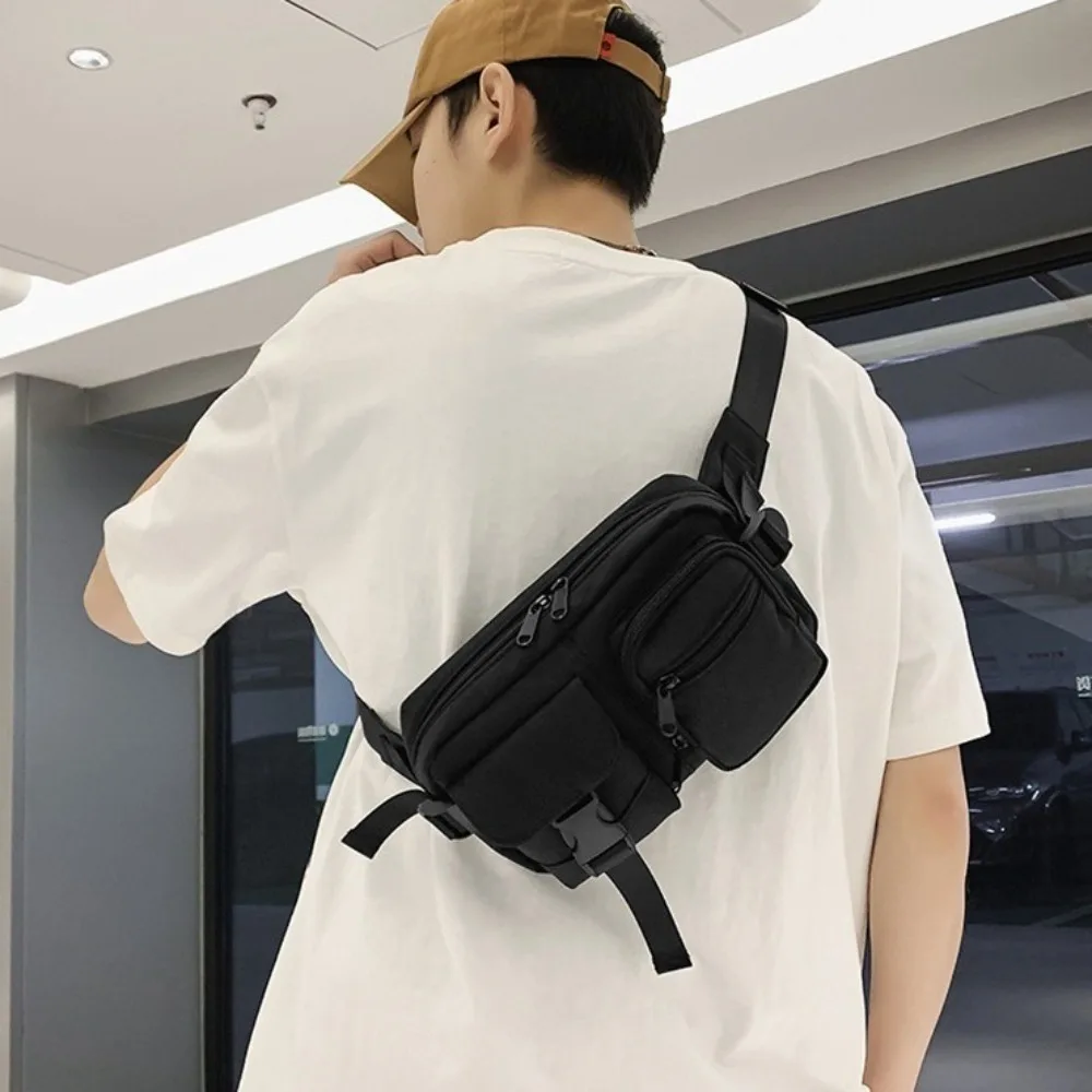 

Retro Pocket Men's Chest Bag Solid Color Zipper Nylon Waist Bag Storage Large Capacity Single Shoulder Bag Daily