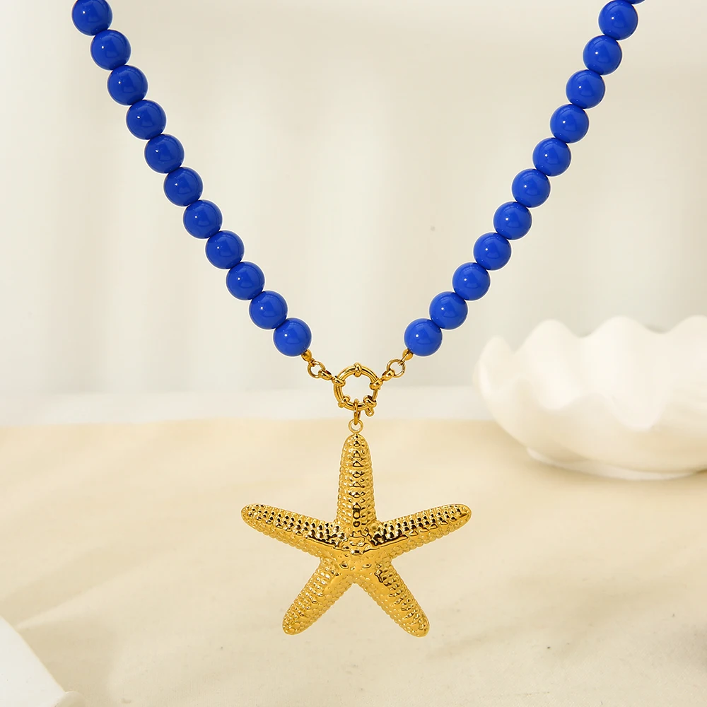 Summer Starfish Necklace 18K Gold Plated Pendant Klein Blue Acrylic Beads Collars for Woman Stainless Steel Jewelry Gift