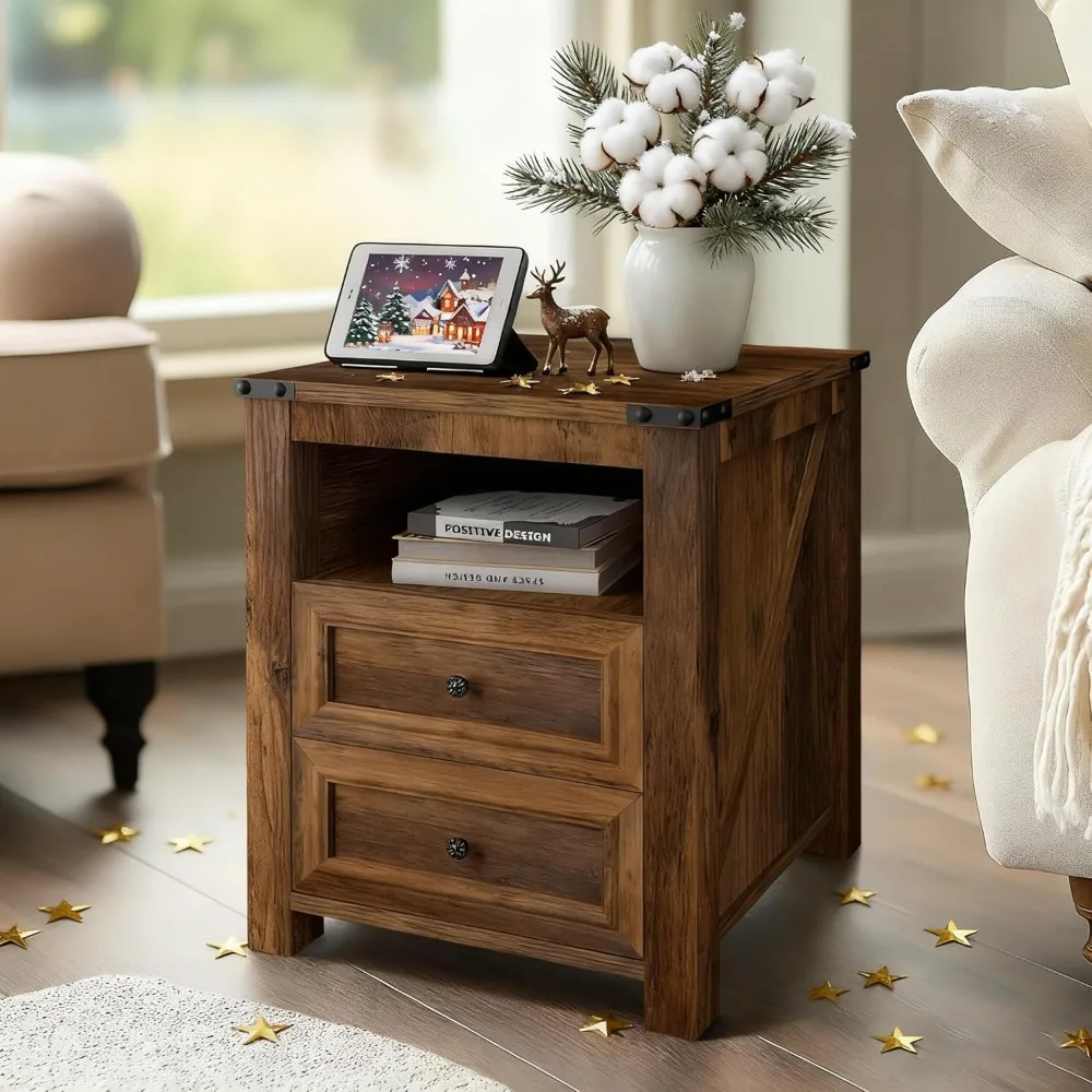 

18 End Tables for Living Room Farmhouse Night Stand with Charging Station Side Tables for Bedroom with 2 Drawers Brown Be