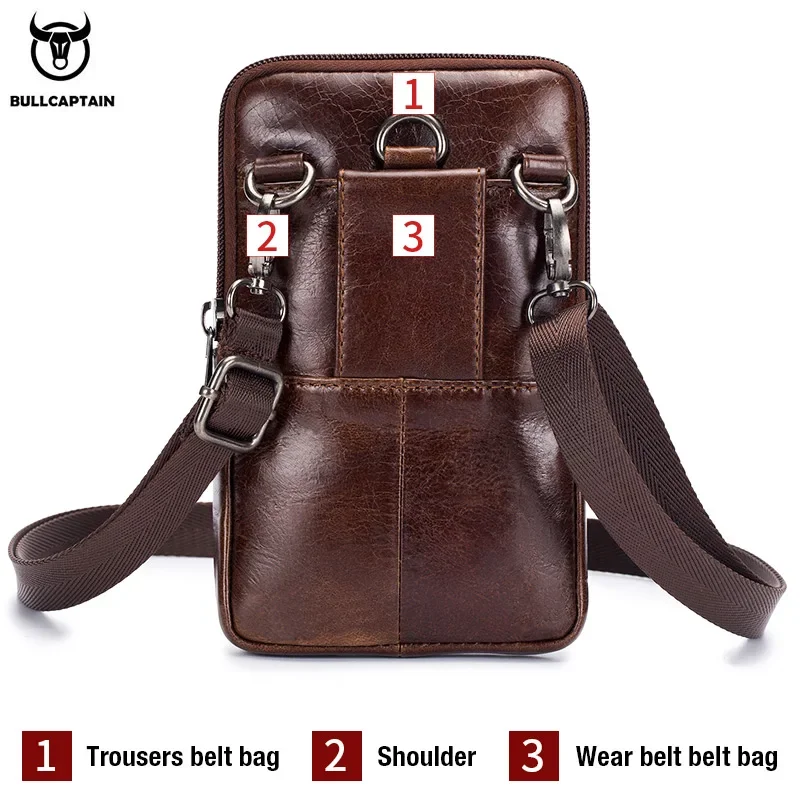 BULLCAPTAIN Genuine Leather Men\'s Waist Packs Phone Pouch Bags Waist Bag Male Small Chest Shoulder Belt Bag Small Waist Packs