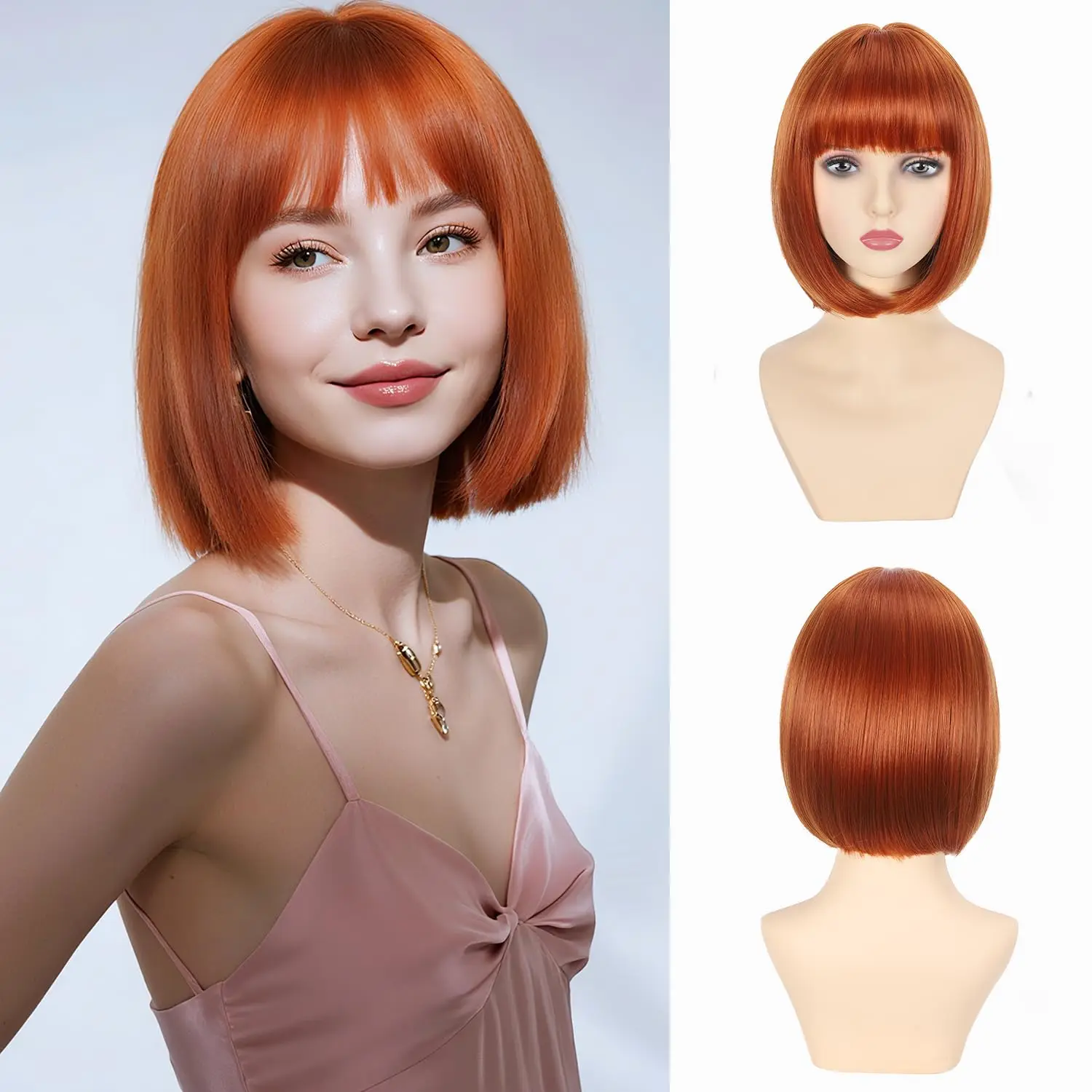 

12-inch orange bob hairstyle synthetic wig for Halloween cosplay, daily party wig, high-temperature hair accessory
