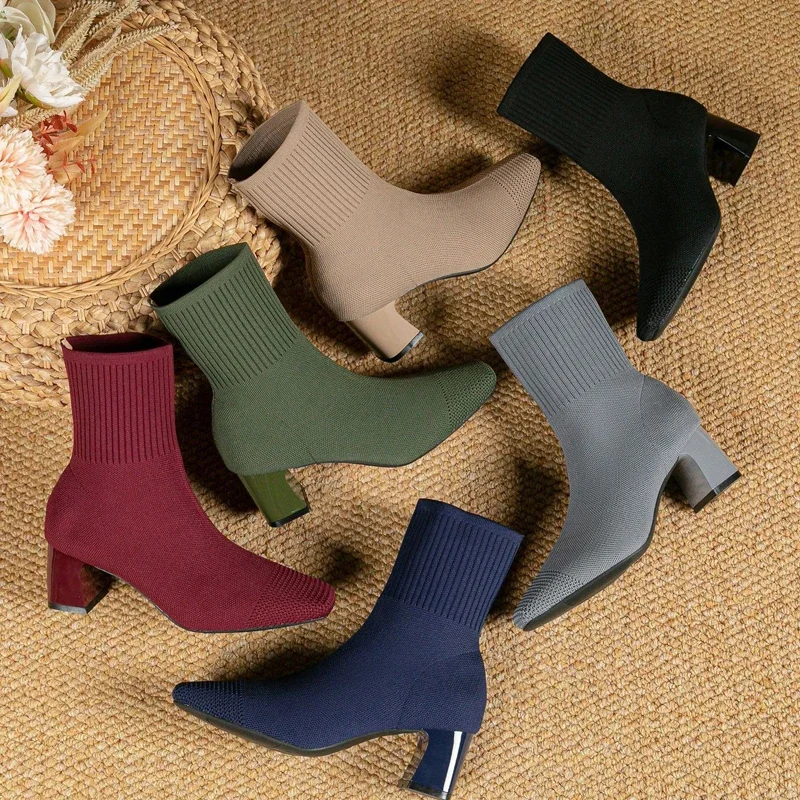 

High Quality Single Boot Elastic Thick Heel Slim Boots New Knitted Socks Boots Black Square Toe High Heels Short Boots for Women