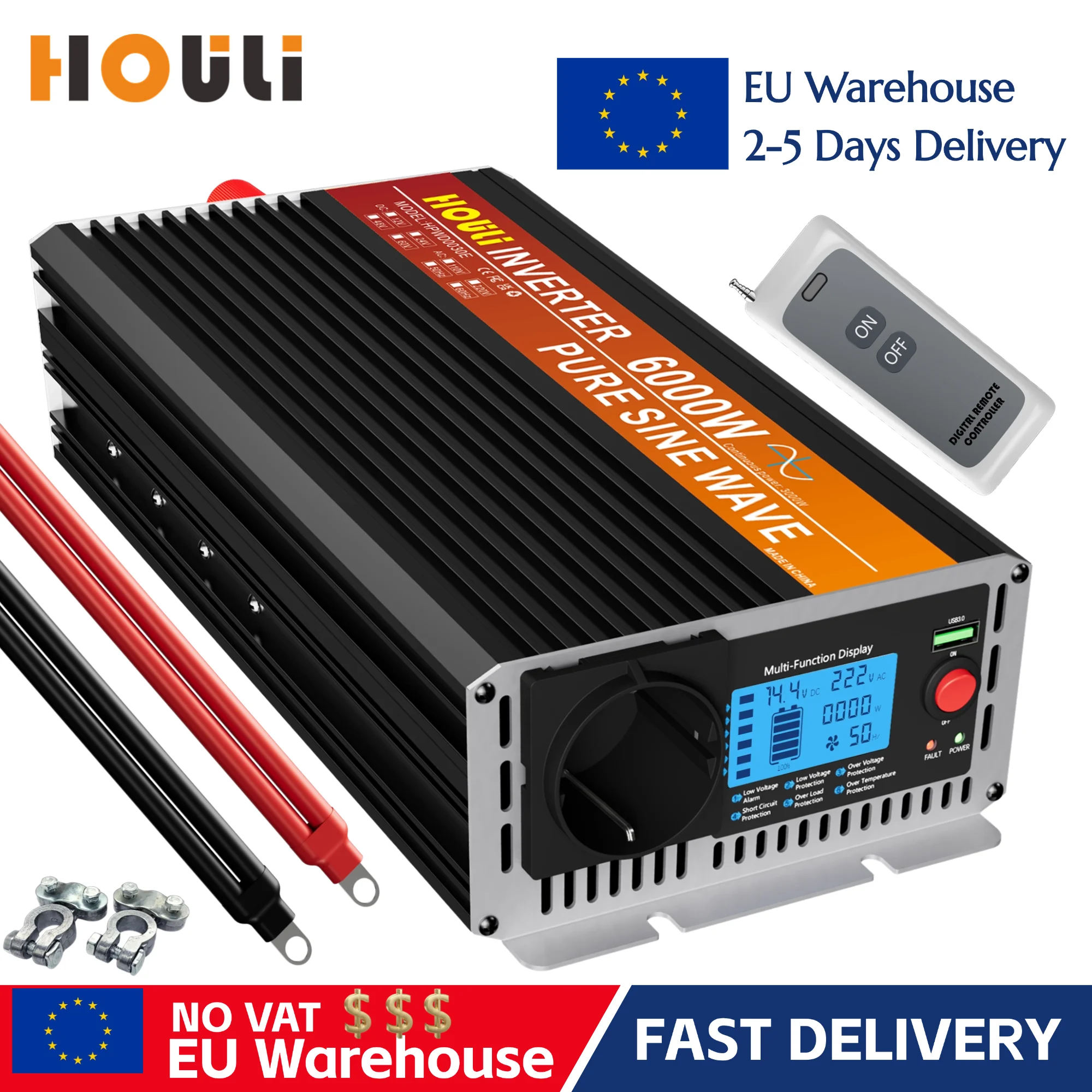 HOULI 12V to 220V solar inverter pure sine wave output low noise design suitable for home/outdoor power station EU socket