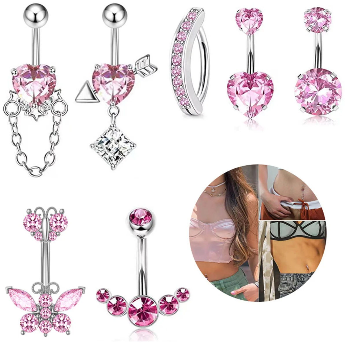 

14G Pink Belly Button Ring for Women 316L Surgical Steel Belly Ring Pink CZ Dangle Navel Rings Barbell Body Piercing Jewelry