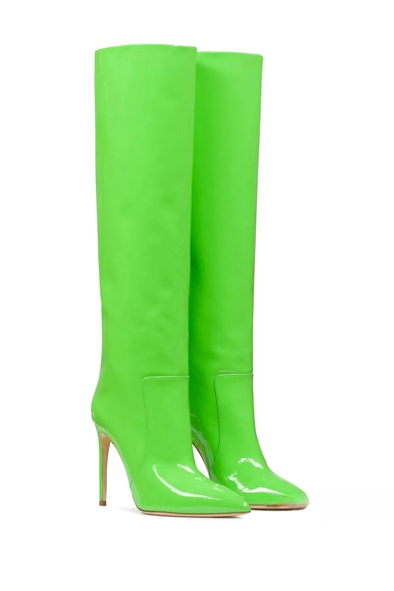 Matte or Patent Leather Knee Boots Stiletto Heels Pointed Toe Long Boots Dark Green Sexy Dress Shoes Size 46