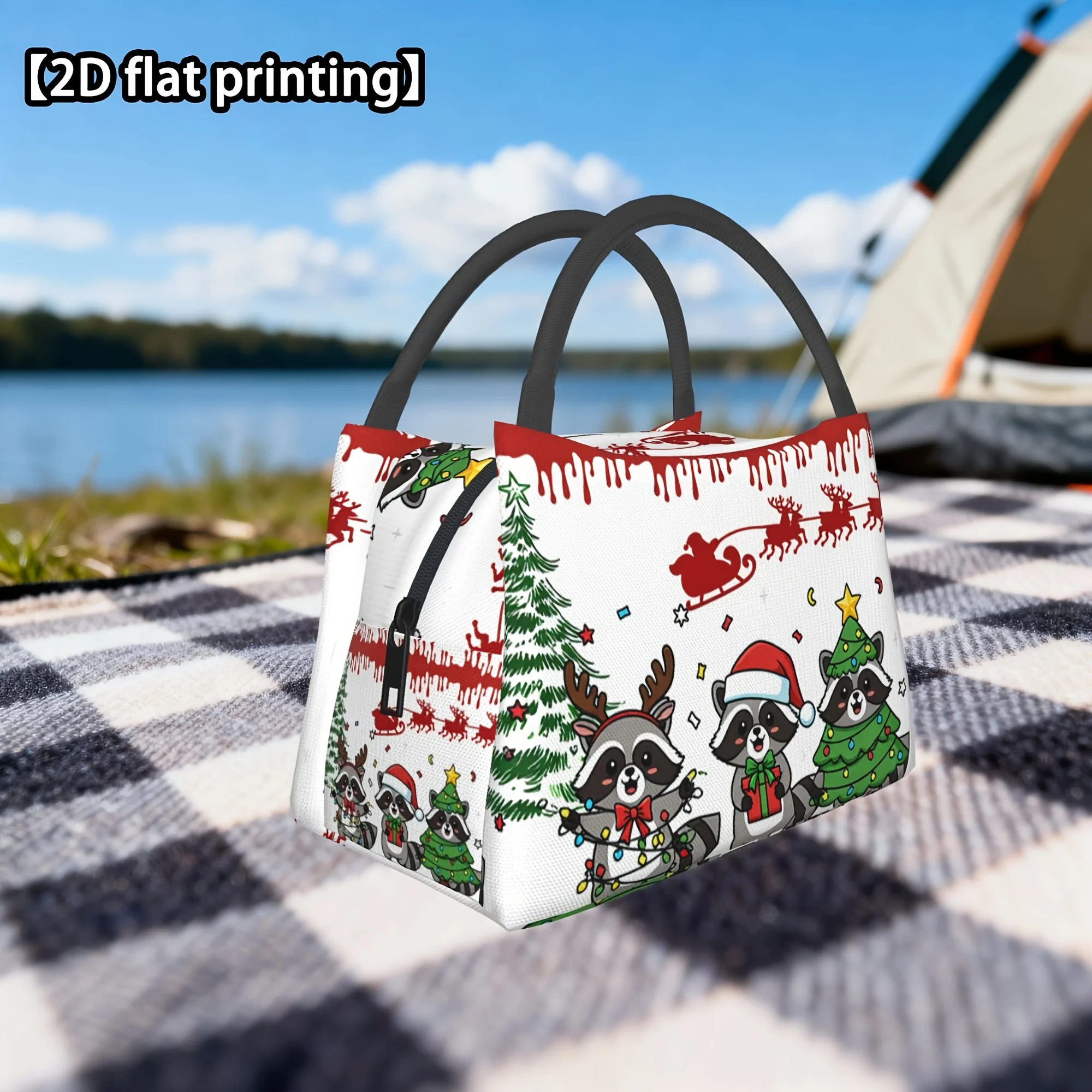 1pc Christmas Raccoon Snowflake Reindeer Print Insulated Lunch Bag, Reusable Handheld Design Multifunctional Thermal