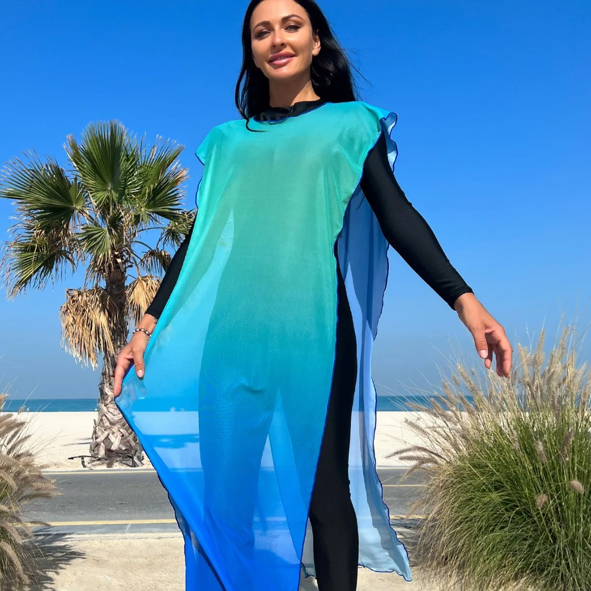 Burkini Muçulmanas Swimwear, maiô preto, gradiente azul, blusa verão Beach Wear, roupa de mergulho, Surf Wear, novo