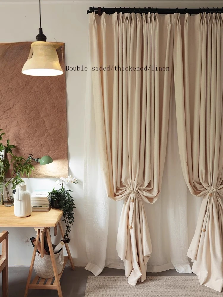 

Cotton and Linen Herringbone Thickened Curtains Living Room Bedroom Medieval Linen Material Blackout Sunshade Curtains