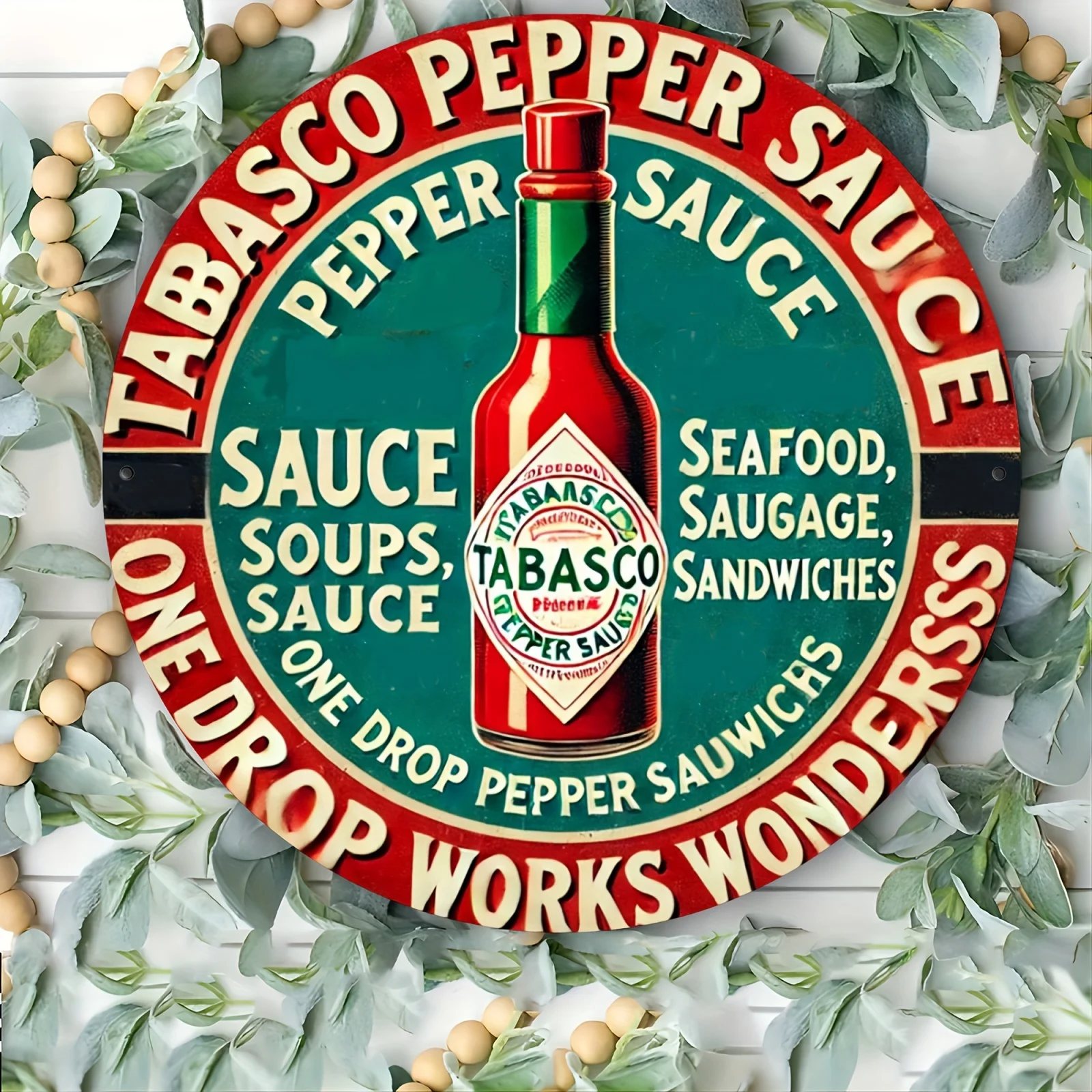 Tabasco Vintage de aluminio redondo para colgar en la pared, 8x8 ", Metal duradero, uso interior/exterior, perfecto para decoración del hogar y la Oficina, Liv, 1 ud.