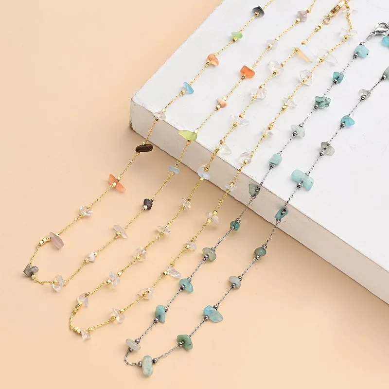 ALLNEWME Bohemia Irregular Candy Color Natural Stone Chokers Necklaces Thin Chain Pendant Necklace for Women Holiday Jewelry