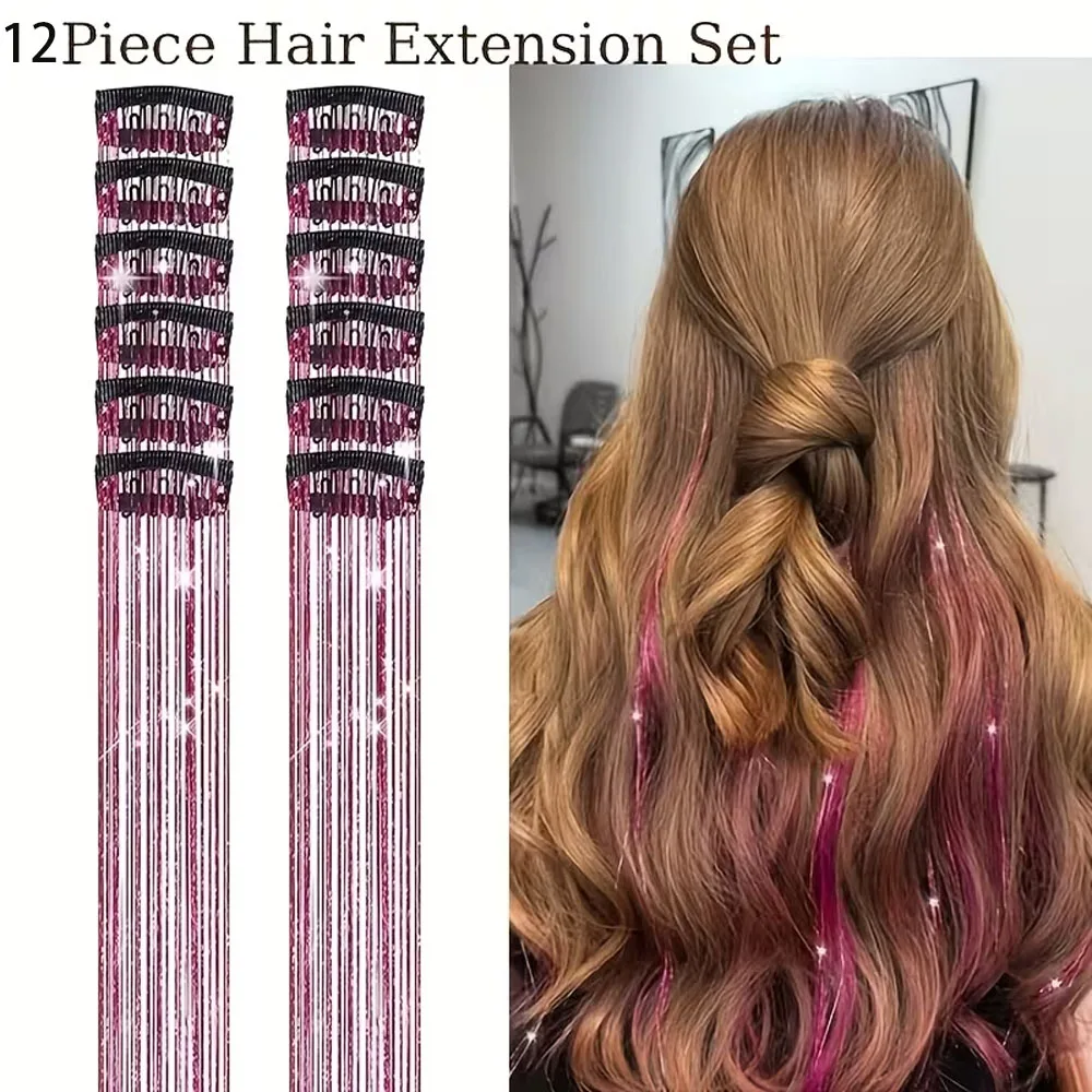 12Pcs Clip-In Synthetic Hair Tinsel, Glitter Tinsel Hair Extensions with Sparkling Golden Strands, Heat-Resistant Fiber for Women Girls, Perfect for Parties Festivals Special Occasions