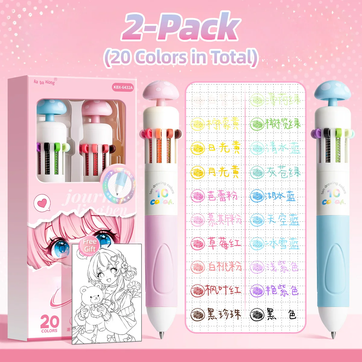 2pcs Multi-Colored Pens with Cute Mushroom Design, Featuring Rich Colors, Perfect for Journaling, Writing, Marking, School Suppl