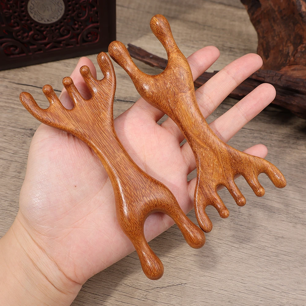 Body Meridian Massage Comb Five Claw Double-end Antler Naturally Reddish Brown Anti-static Sandalwood Massage Tool for Head Neck