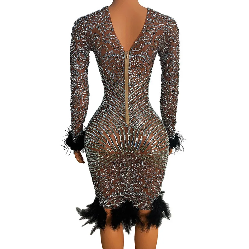 Costume da compleanno Costume con diamanti Abito lucido con diamanti Elegante orlo in piume Gonna da donna con cristalli Abiti da notte De Bienvenida