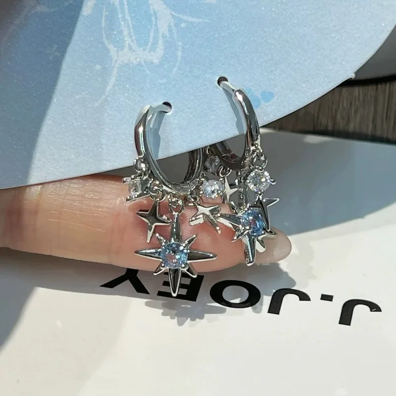 여성을위한 한국어 패션 블루 크리스탈 팔각형 펜던트 귀걸이 간단한 금속 크로스 드롭 귀걸이 매력 보석 생일 선물