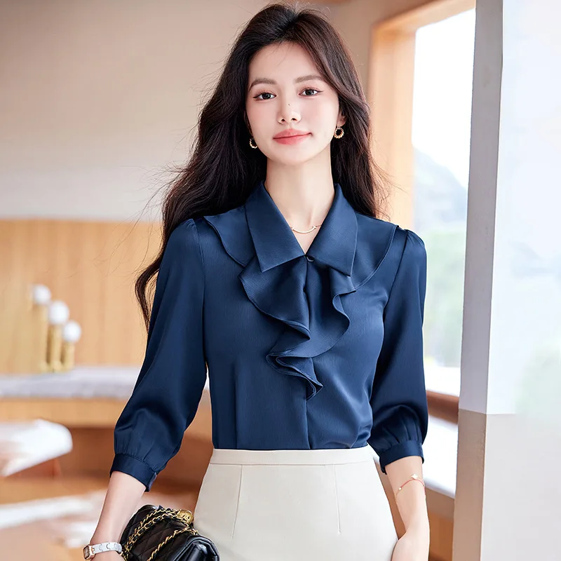 

Navy Blue Long Sleeve Shirt Women's Spring New Design Sense Niche Western Style Fashion Top Business Shirt Skirt Suit