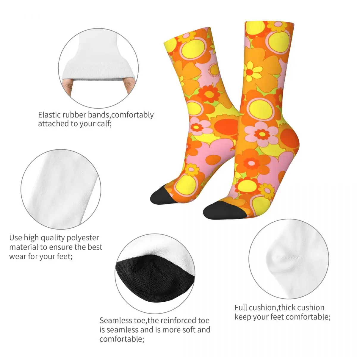 Homens Retro Flower Power Laranja Compressão Meias, Unisex Harajuku Padrão Impresso, Novidade Crew Sock