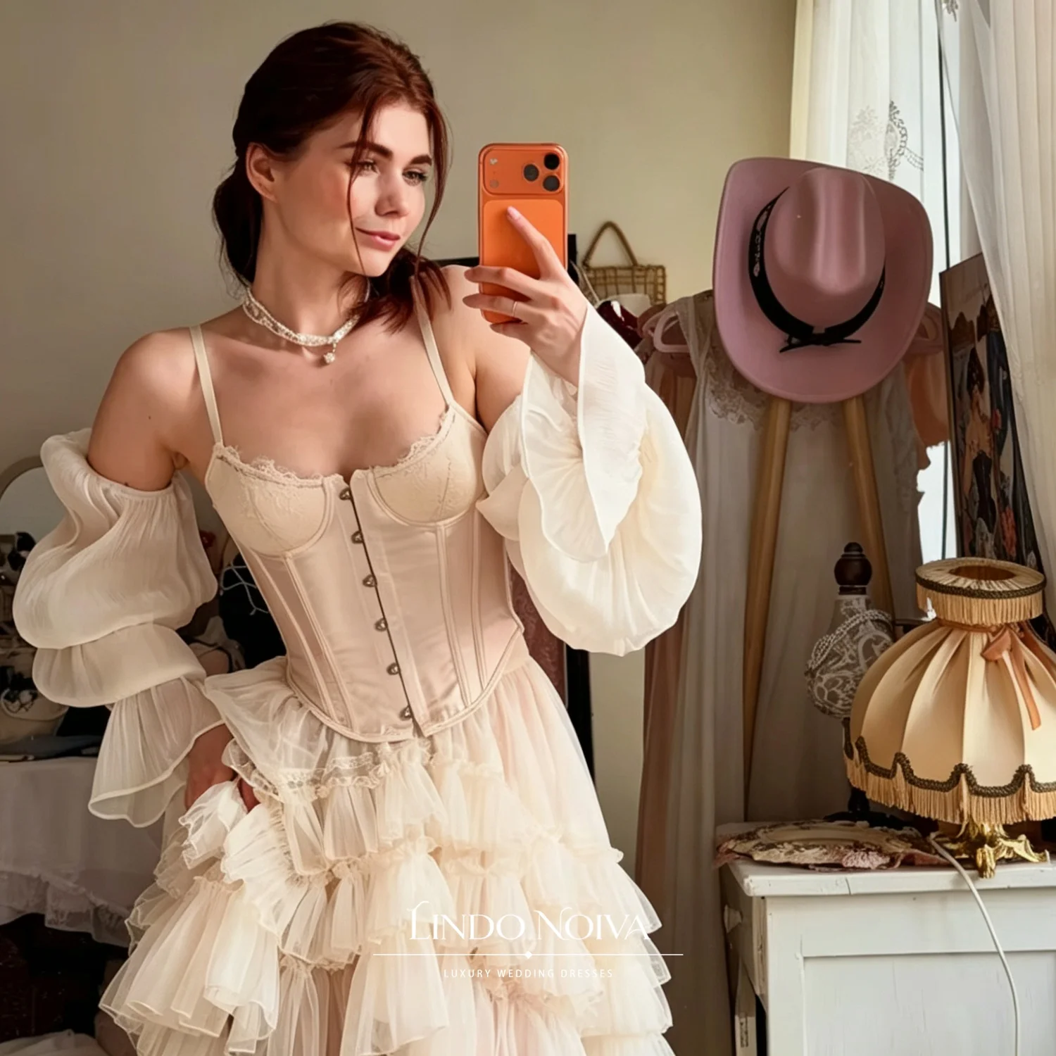 LINDO NOIVA Couture Vintage Corset High Low Wedding Dress Off Shoulder Puff Sleeve Tulle Ruffled Bridal Gown Garden Elopement view 3