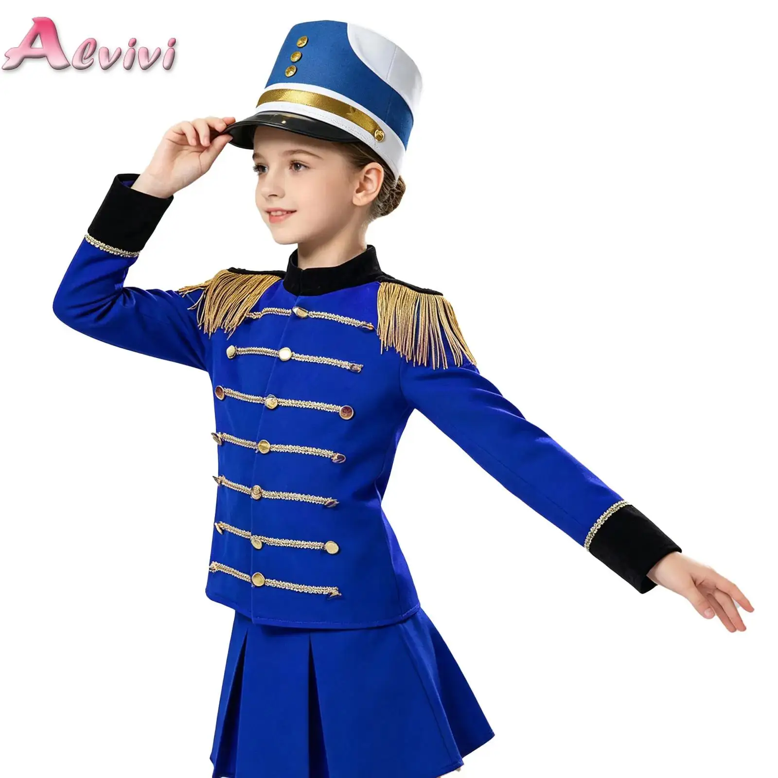 Girls Boys Marching Band Costume Outfits Kids Carnival Trumpet Drum Major Team Uniform Tassel Long Sleeve Jacket Coat Hat Set