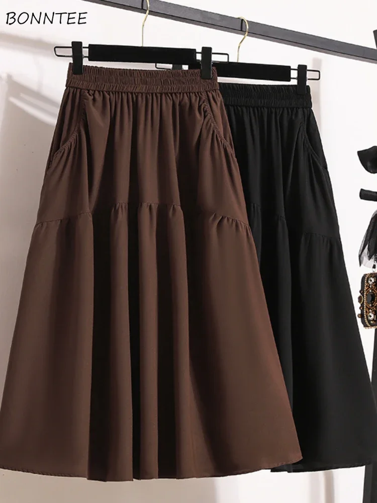 Midi Skirts for Women Baggy Casual Elastic Waist Pockets Fairycore All-match Fashion Ulzzang Soft Faldas Largas College Girls