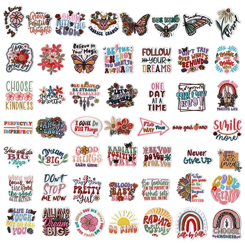 Positive Energy Series Embroidery Iron on Patches Be Kind Do Good Dream Big Motivational Motto Floral Badge for Girls Clothing