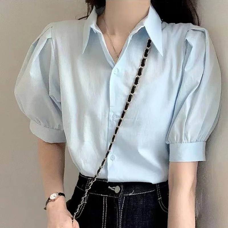 South KoreachicSummer Younger Retro Minority Temperament Shirt Short Sleeve Thin Loose Puff SleevespoloCollar top