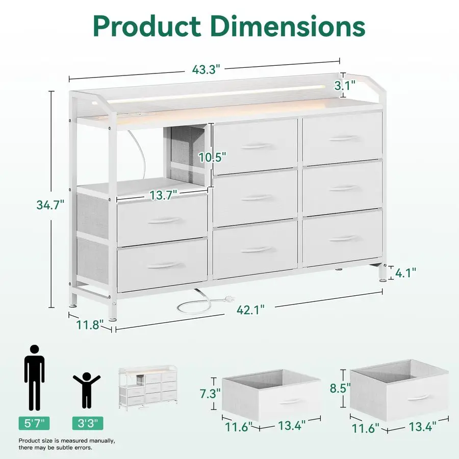 ตู้เสื้อผ้าสีขาวสำหรับห้องนอนพร้อมไฟแถบและปลั๊กไฟ ตู้ลิ้นชัก 8 ชั้นพร้อมชั้นวางของ ท็อปไม้ โครงเหล็ก
