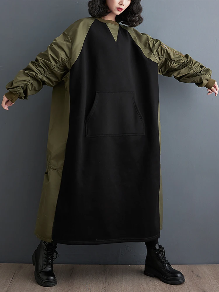 Nyfs 2025 outono inverno nova coreia vestidos femininos robe elbise solto plus size emenda dobras vestido longo