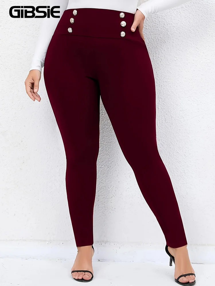 Gibsie Plus Size Solide Elegante Skinny Broek Met Dubbele Rij Knopen Vrouwen Lente Zomer Sexy Kantoor Dames Hoge Taille Kokerbroek