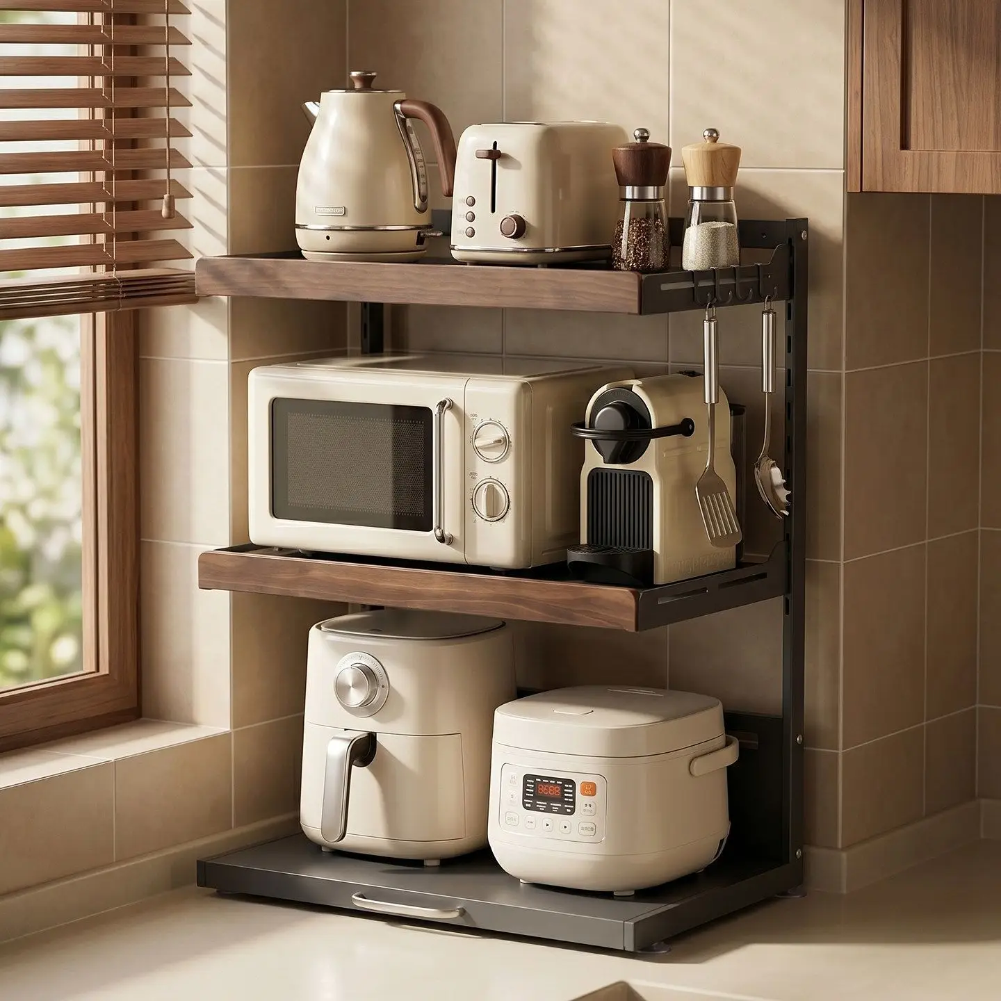 Carbon Steel Countertop Kitchen Storage Rack Adjustable Or Tier Shelves Pull-Out Board Microwave Oven Rice Cooker Seasoning