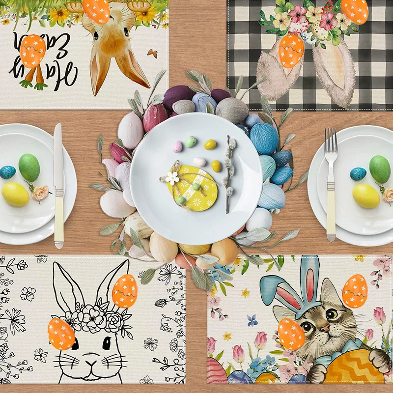 Bunny Happy Easter Set of 4 Placemats, Seasonal Spring Kitchen Table Decoration Indoor Holiday Party Decor 30x45cm
