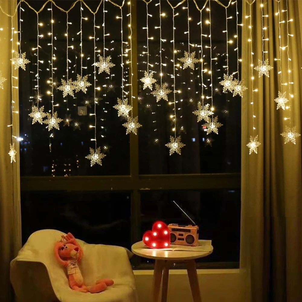 ไฟคริสต์มาส 3.5m Led Snowflake Garland Curtain String ไฟ Fairy สําหรับปีใหม่ Holiday Party Garden ตกแต่งคริสต์มาส