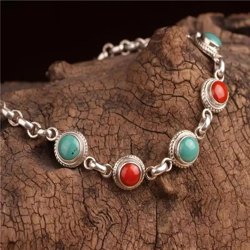 Creative retro ethnic style southern red tourmaline turquoise bangles silver 925 round bead charm bracelet for women jewelry