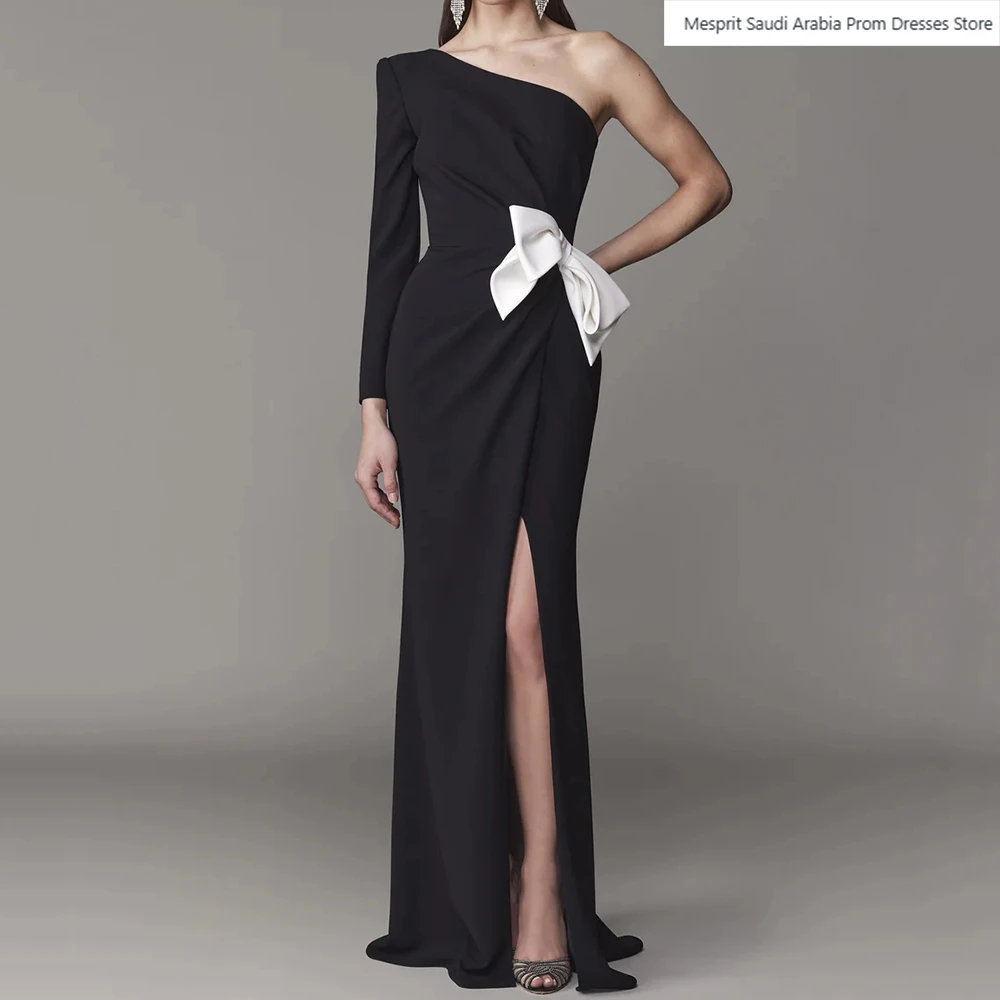 Vestidos de Noche de sirena negra para mujer, vestido de fiesta de manga larga con un solo hombro, largo hasta el suelo, vestidos personalizados drapeados con lazo blanco a la moda