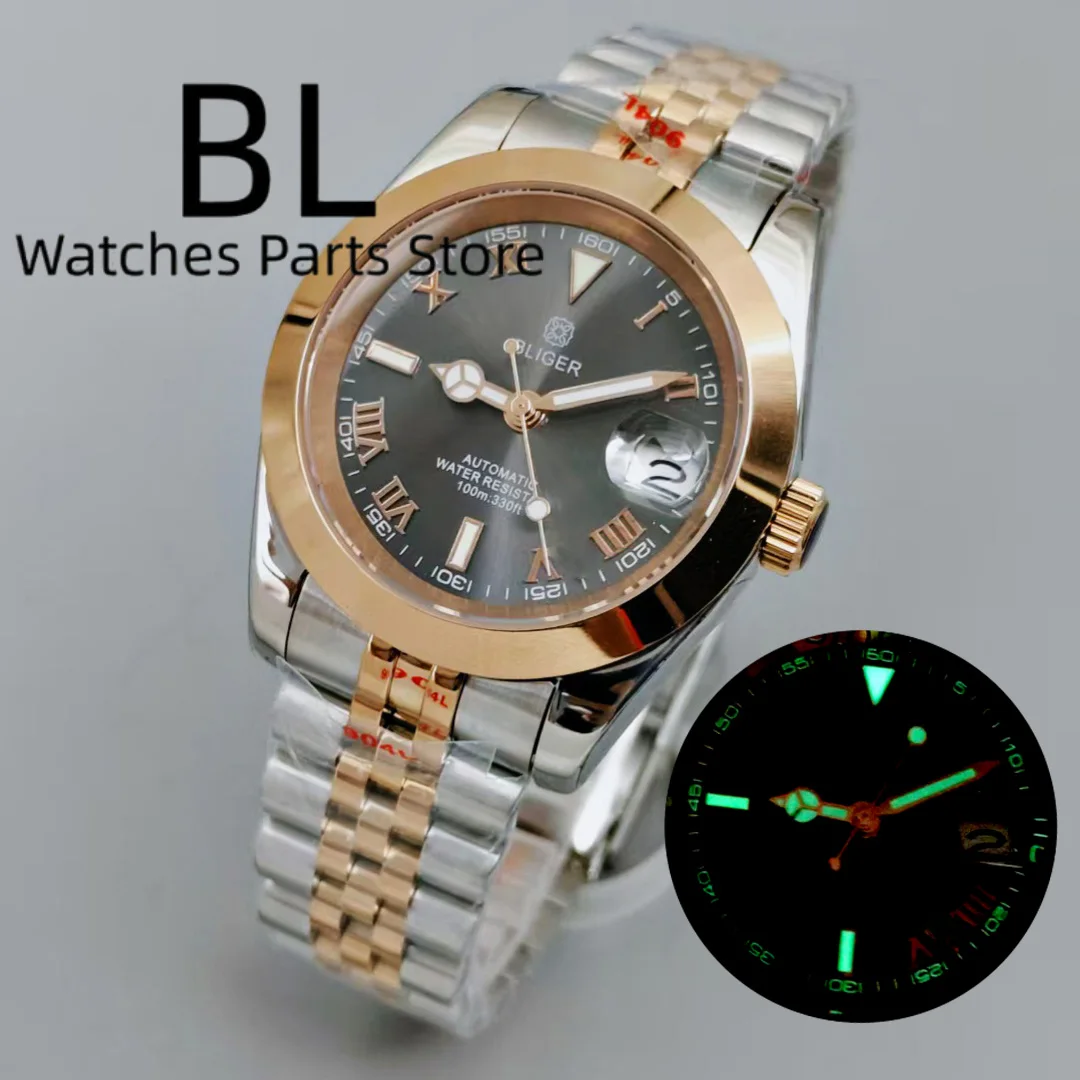

BLIGER 36mm39mm Two Tone Rose Gold NH35 Men's Watch Sapphire Glass Sunburst Gray Dial Rose Roman Index Luminous Scale Waterproof