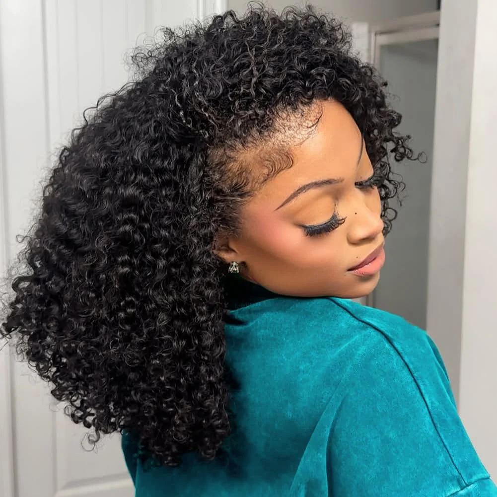 ISEE Hair Kinky Curly Half Wig Human Hair 250 Density Glueless Wear and Go Headband 3 In 1 Drawstring Seamless Flip Over Wig