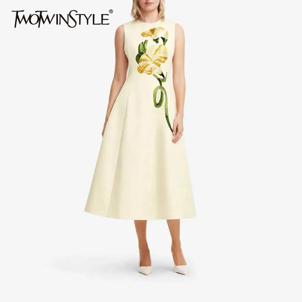 TWOTWINSTYLE Solid Spliced Flower Slimming Midi Dress for Women Round Neck Sleeveless Patchwork Zipper Dresses Female Fashion