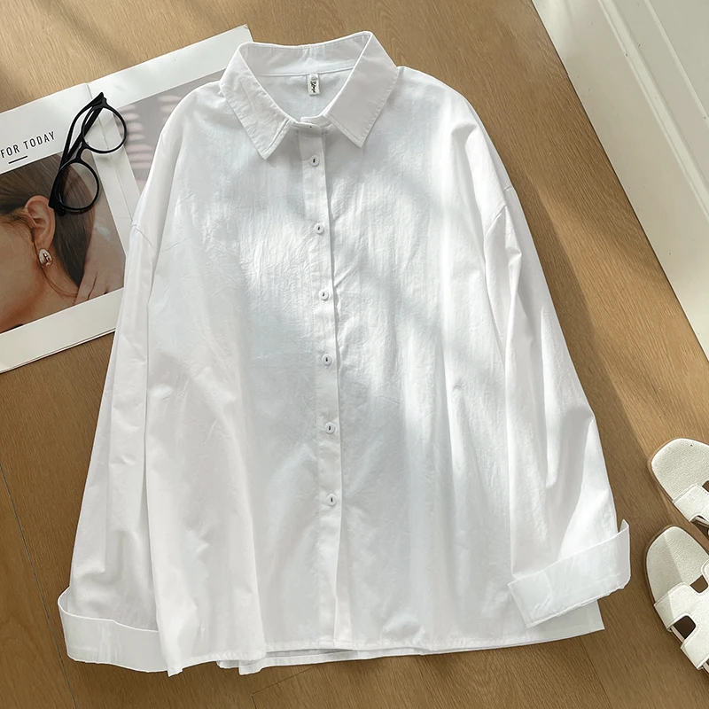 Breathable Cotton Casual Long Sleeve Shirt Loose Fit Ladies White Semi-Transparent Open Cardigan  Collar Daily Wear