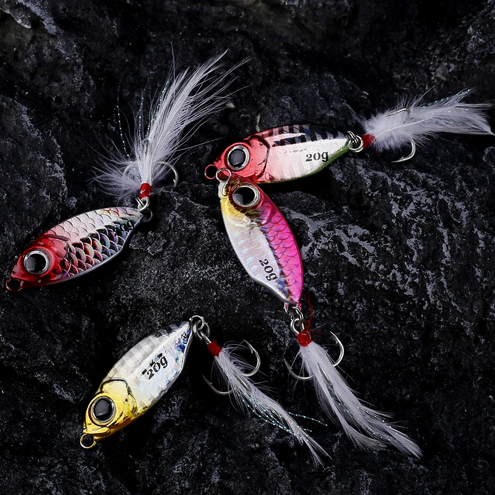 AYWFISH 1PCS Metal Casting Jig Artificial Vibration 10G / 15G / 20G Fishing Metal Bait Jigging Spoons With Feather Treble Hook