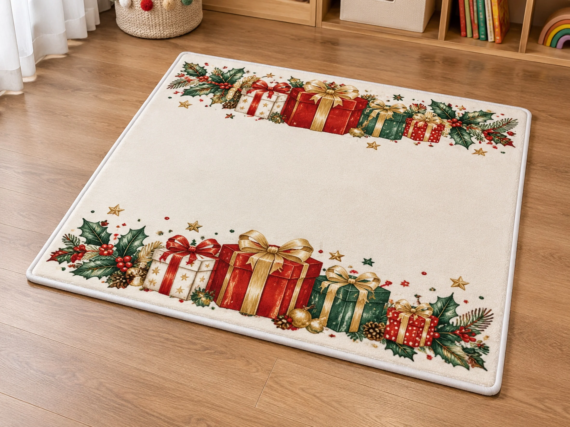 VIKAMA Christmas Pink Gold Gift Flannel Door Mat, Anti-Slip Washable Xmas Rug, Xmas Decor for Playroom, Dining Room, Guest Room